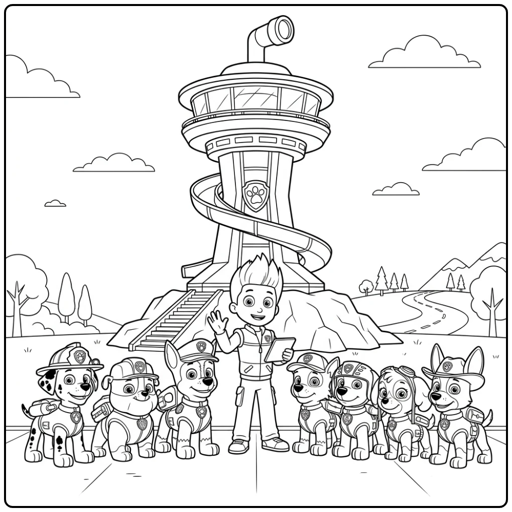 Paw Patrol uitkijktoren kleurplaat: pups klaar voor missie.
