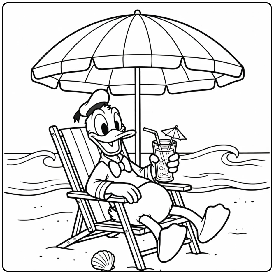 Donald Duck relaxed op strand, kleurplaat donald duck vakantie
