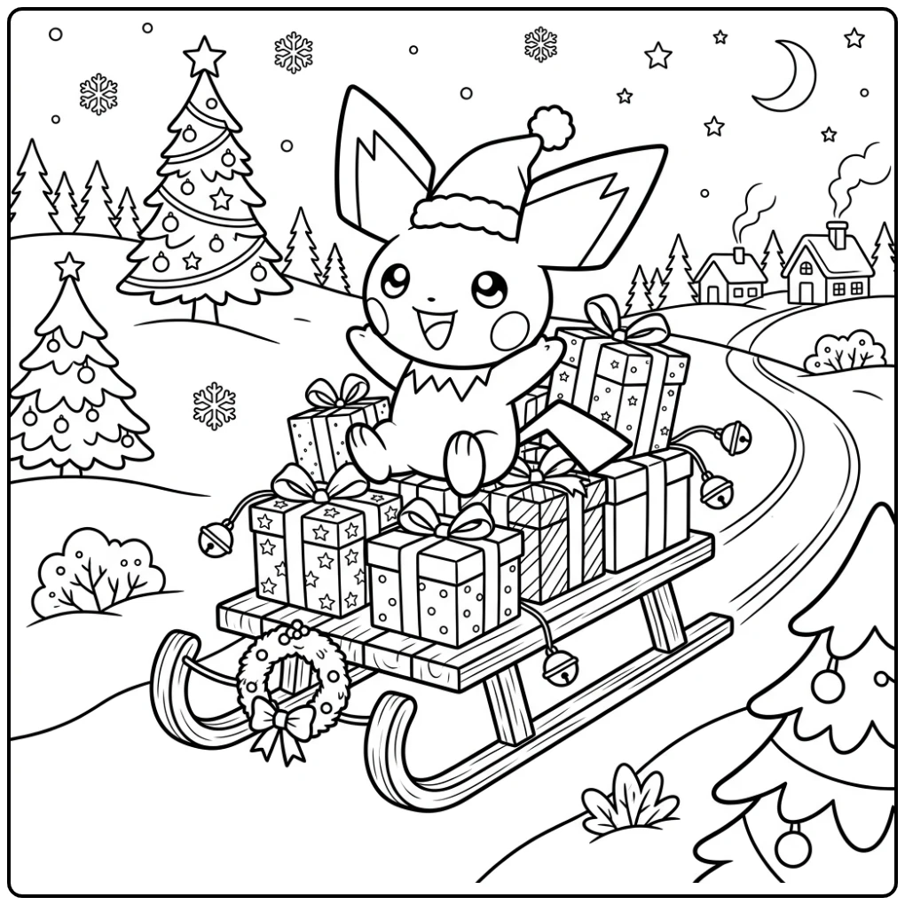 Vrolijke kleurplaat pichu kerst met slee en cadeautjes.