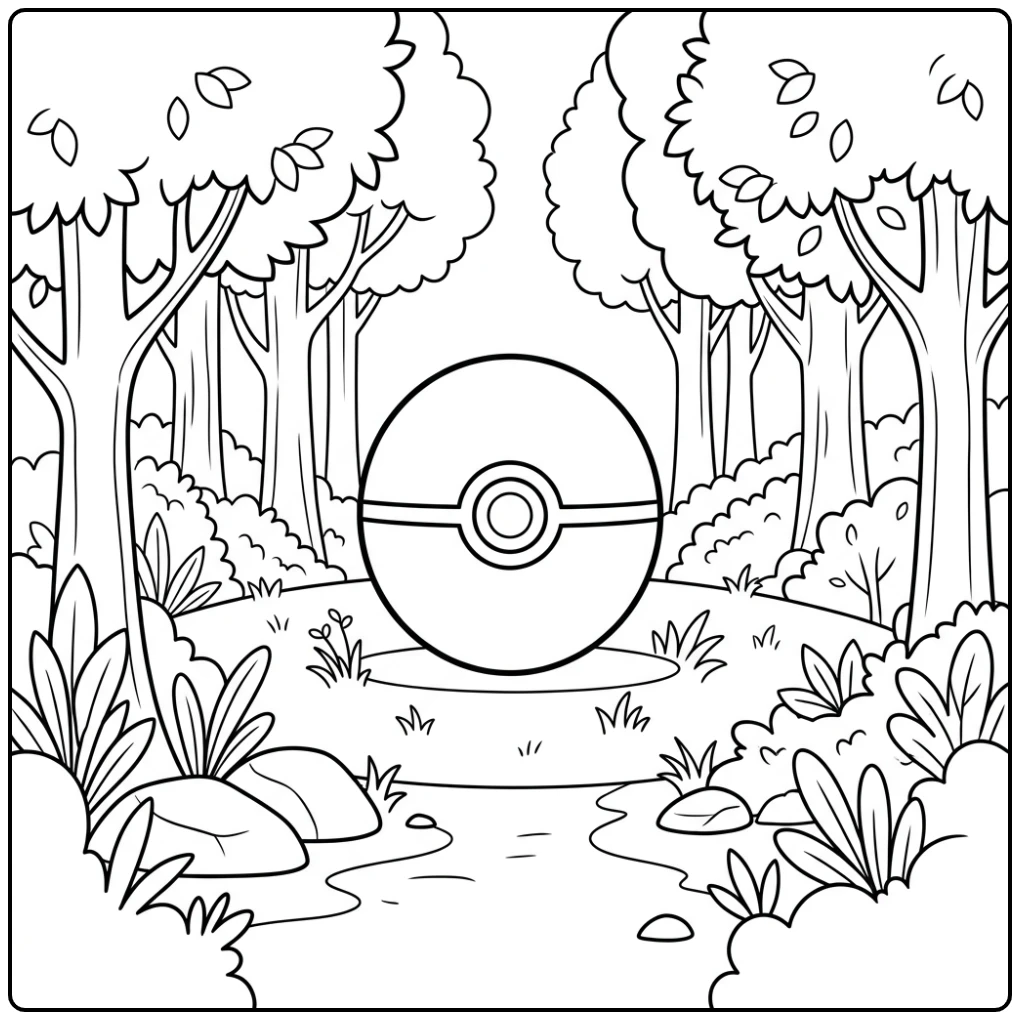 Prachtige pokemon bal kleurplaat in een vredige bosrijke setting