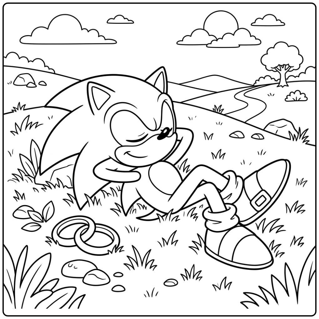 Ontspannen sonic kleurplaat: Sonic ligt met ringen op de grond.