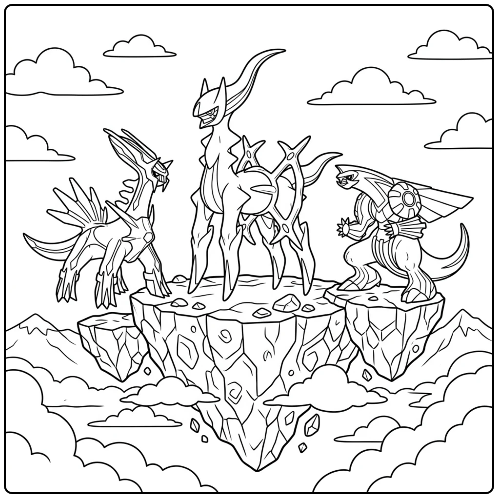 Majestueuze pokemon kleurplaat arceus met Dialga en Palkia