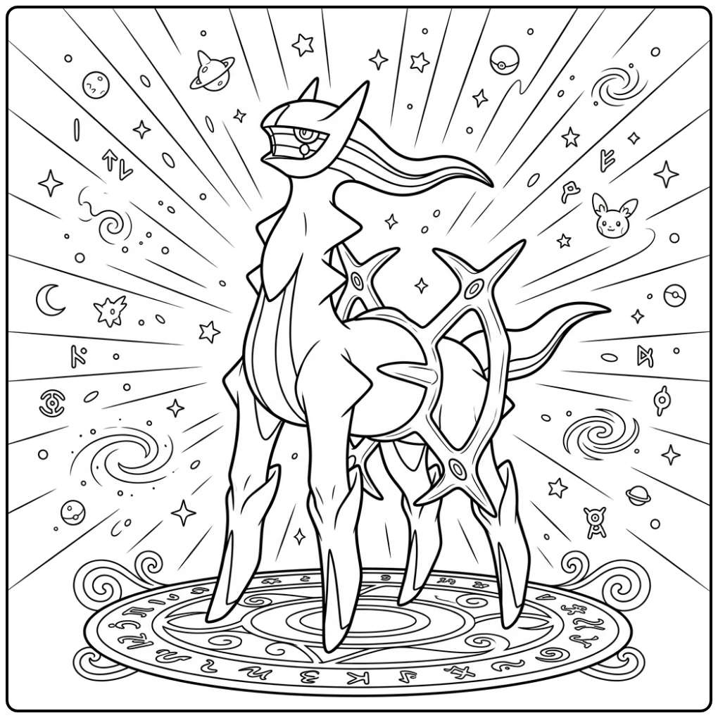 Majestueuze pokemon kleurplaat arceus, omringd door kosmische energie.