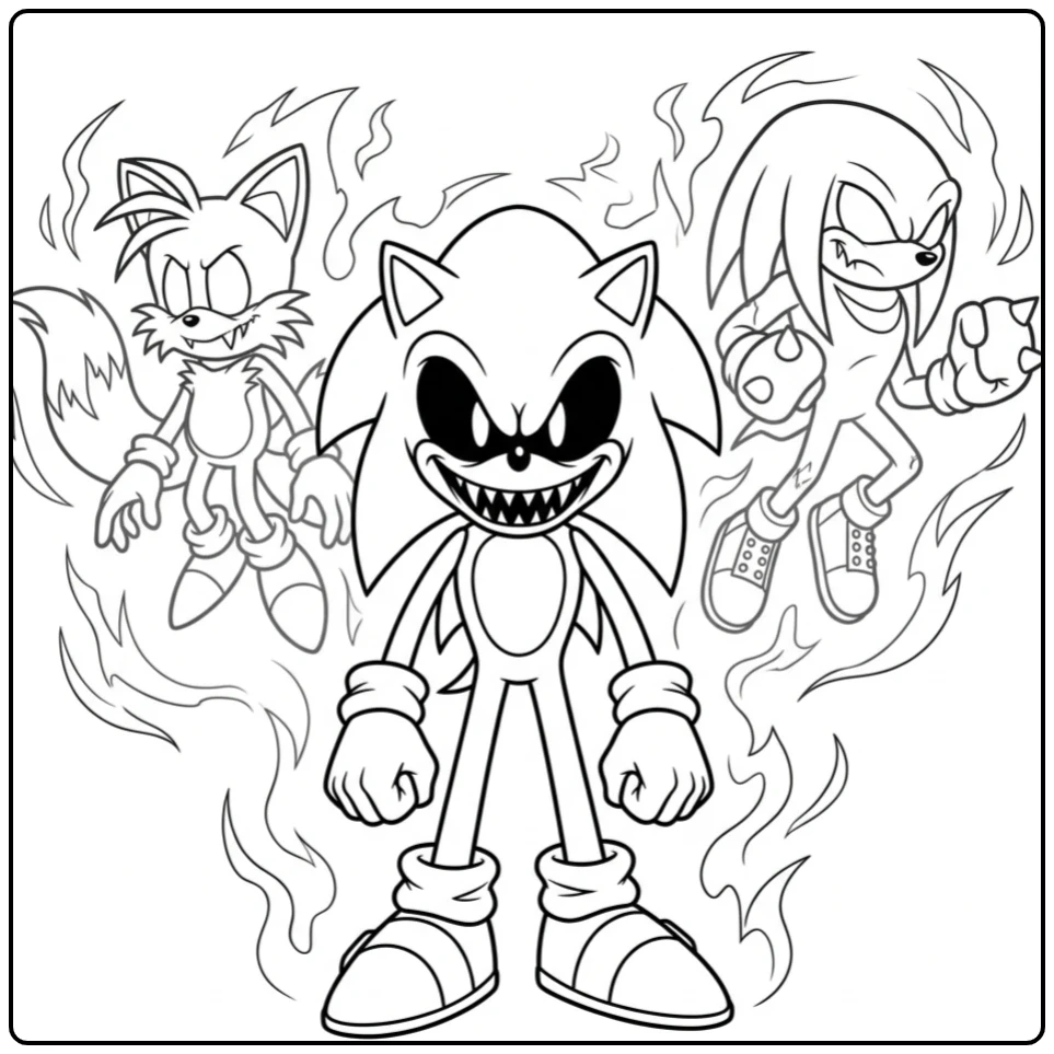 Griezelige sonic exe kleurplaat met spookachtige Tails en Knuckles