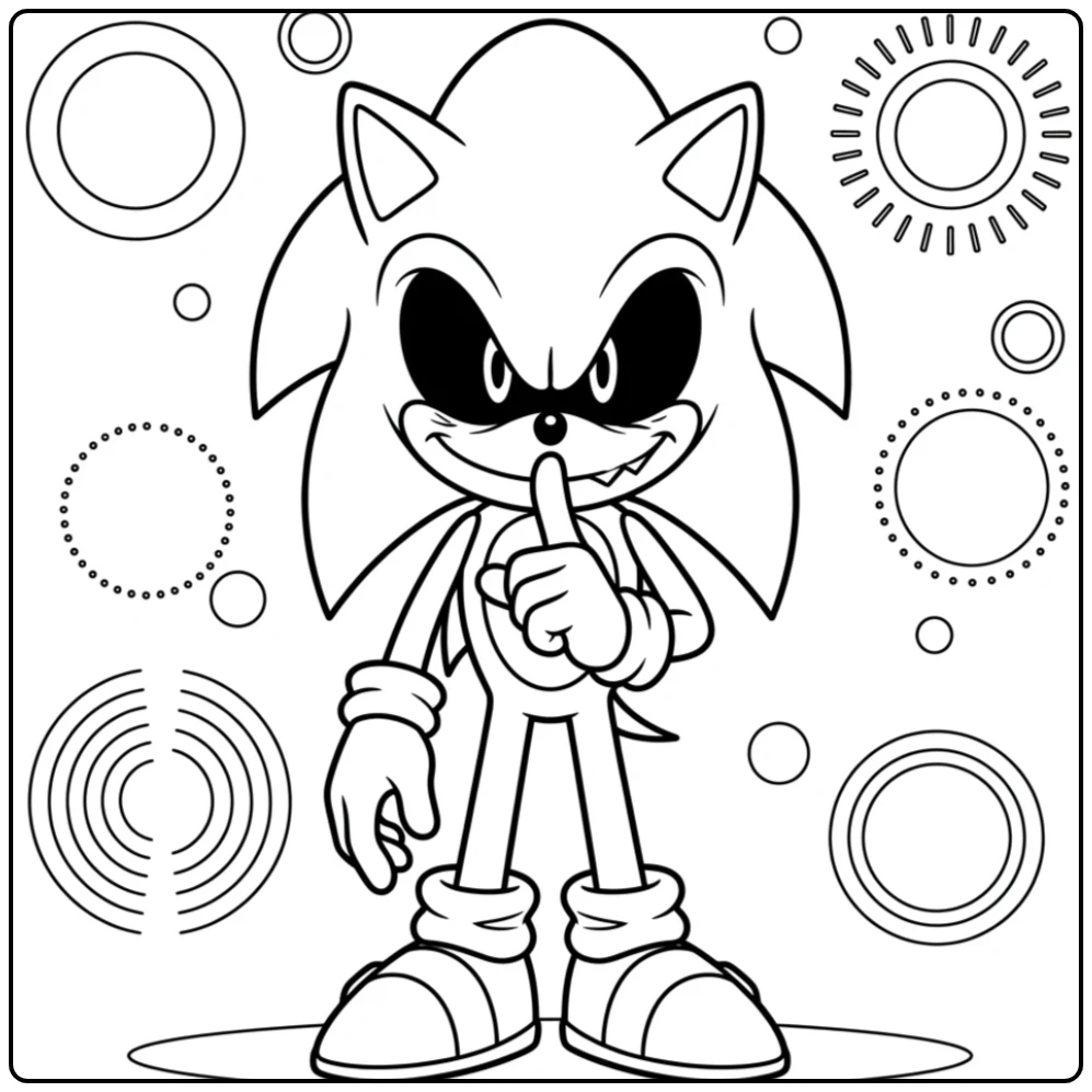 Dreigende sonic exe kleurplaat, met vinger gebarend om stilte.