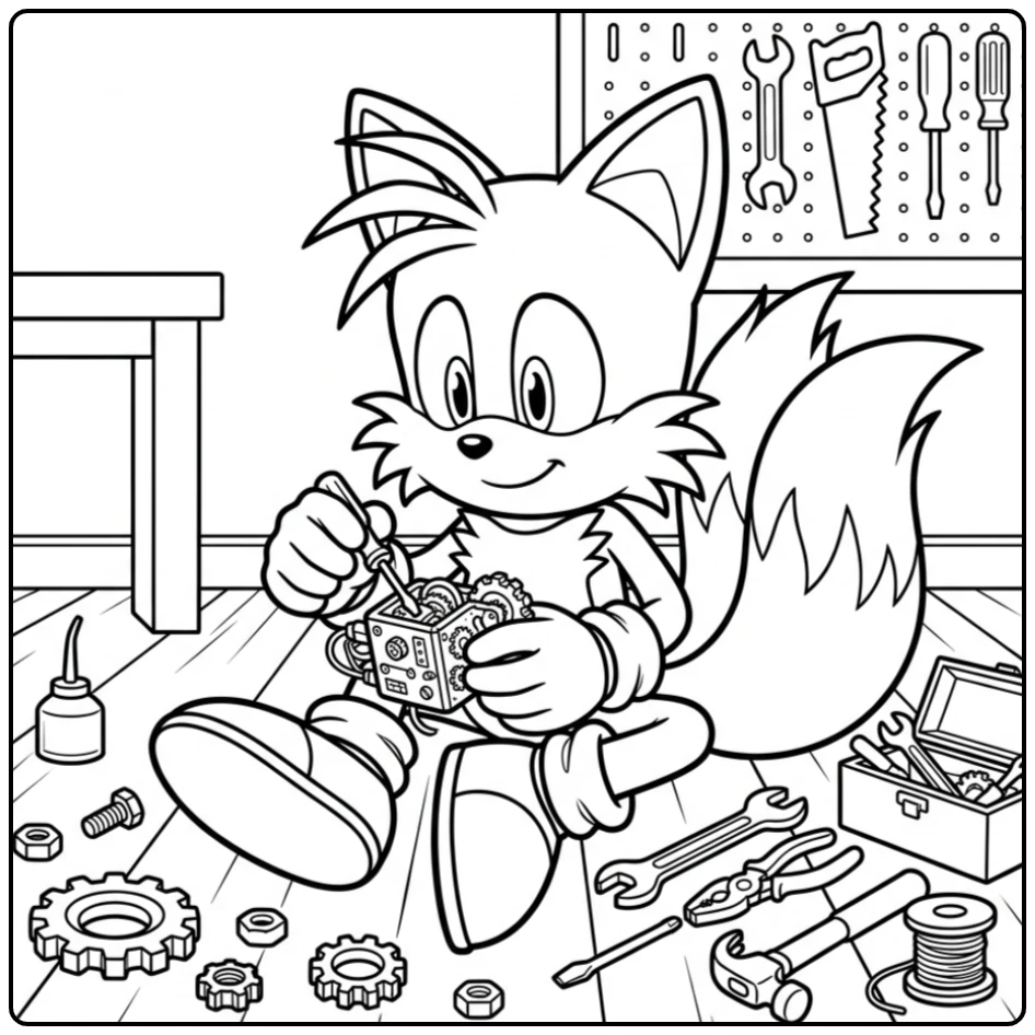 Tails kleurplaat: Knutselsessie van Tails met gadget en gereedschap.