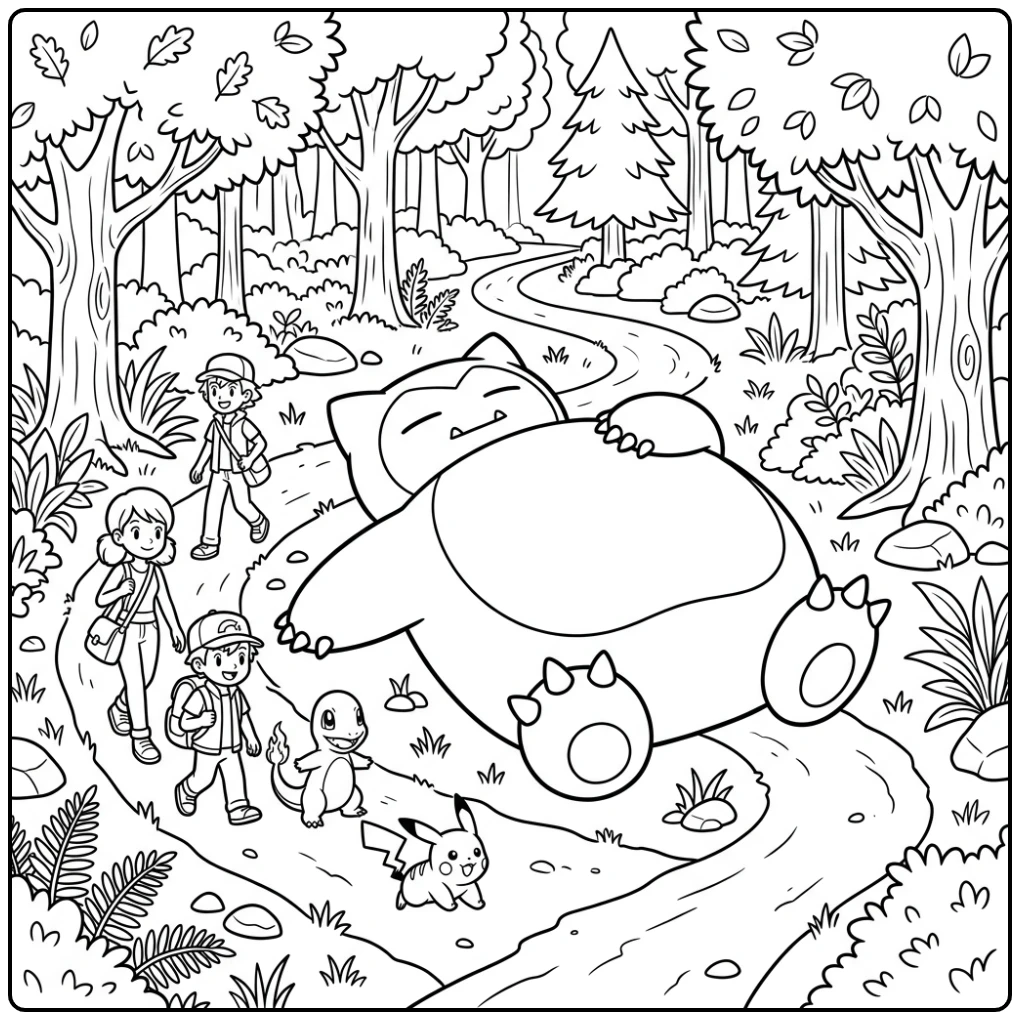 Grappige snorlax kleurplaat van Snorlax op bospad met Pikachu.