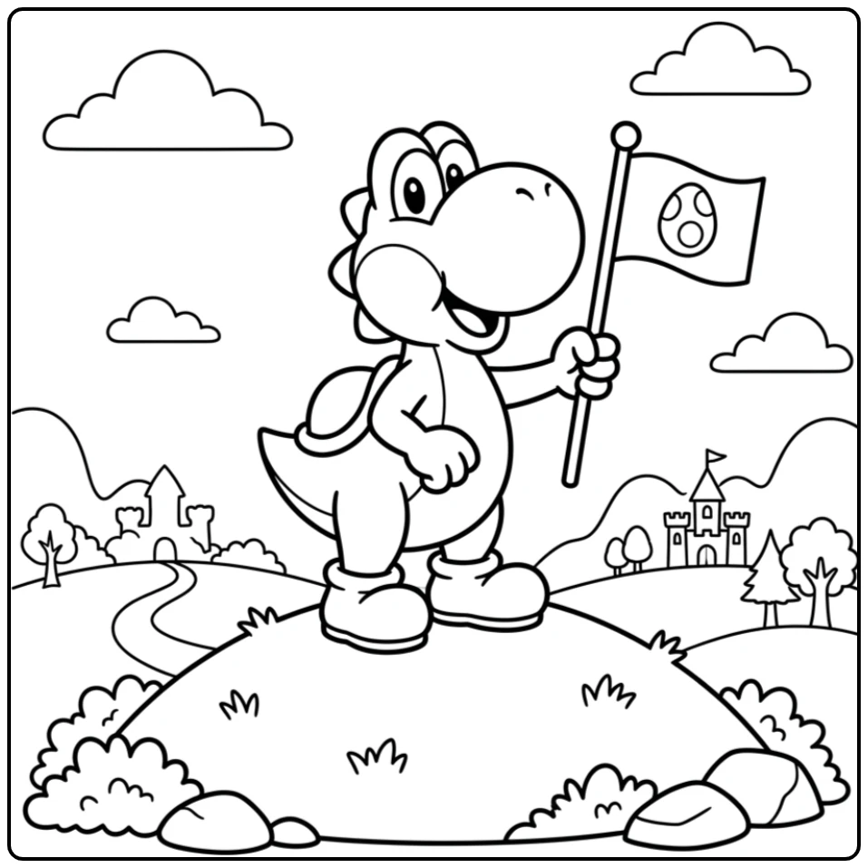 Yoshi kleurplaat: Yoshi staat trots op een heuvel met vlag.