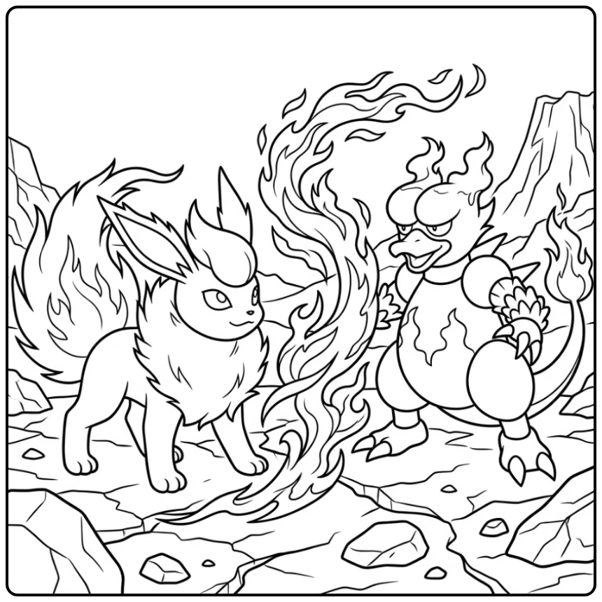 Krachtige flareon kleurplaat van Flareon en Magmar in vlammend gevecht.