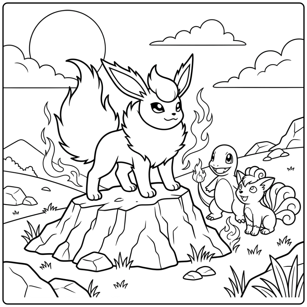 Prachtige flareon kleurplaat: Flareon, Charmander, Vulpix op heuvel.