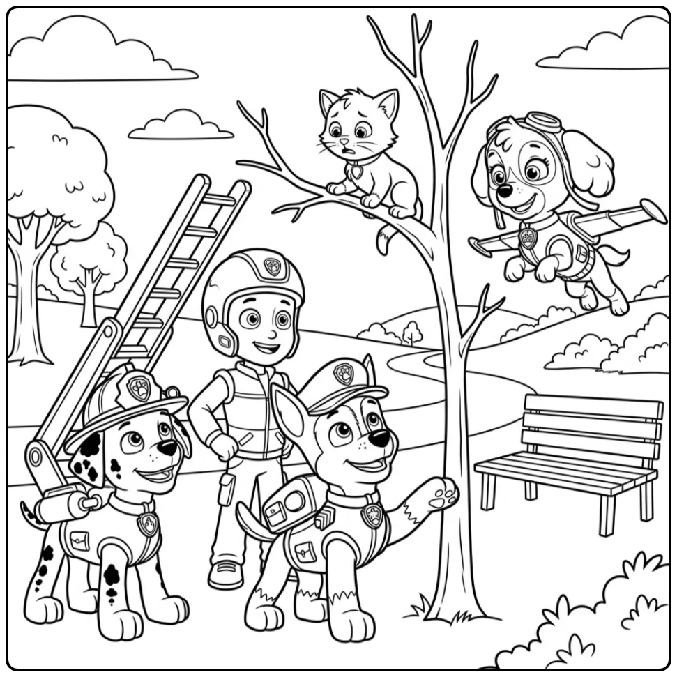 kleurplaat paw patrol chase: Chase redt kitten met Ryder, Marshall, Skye