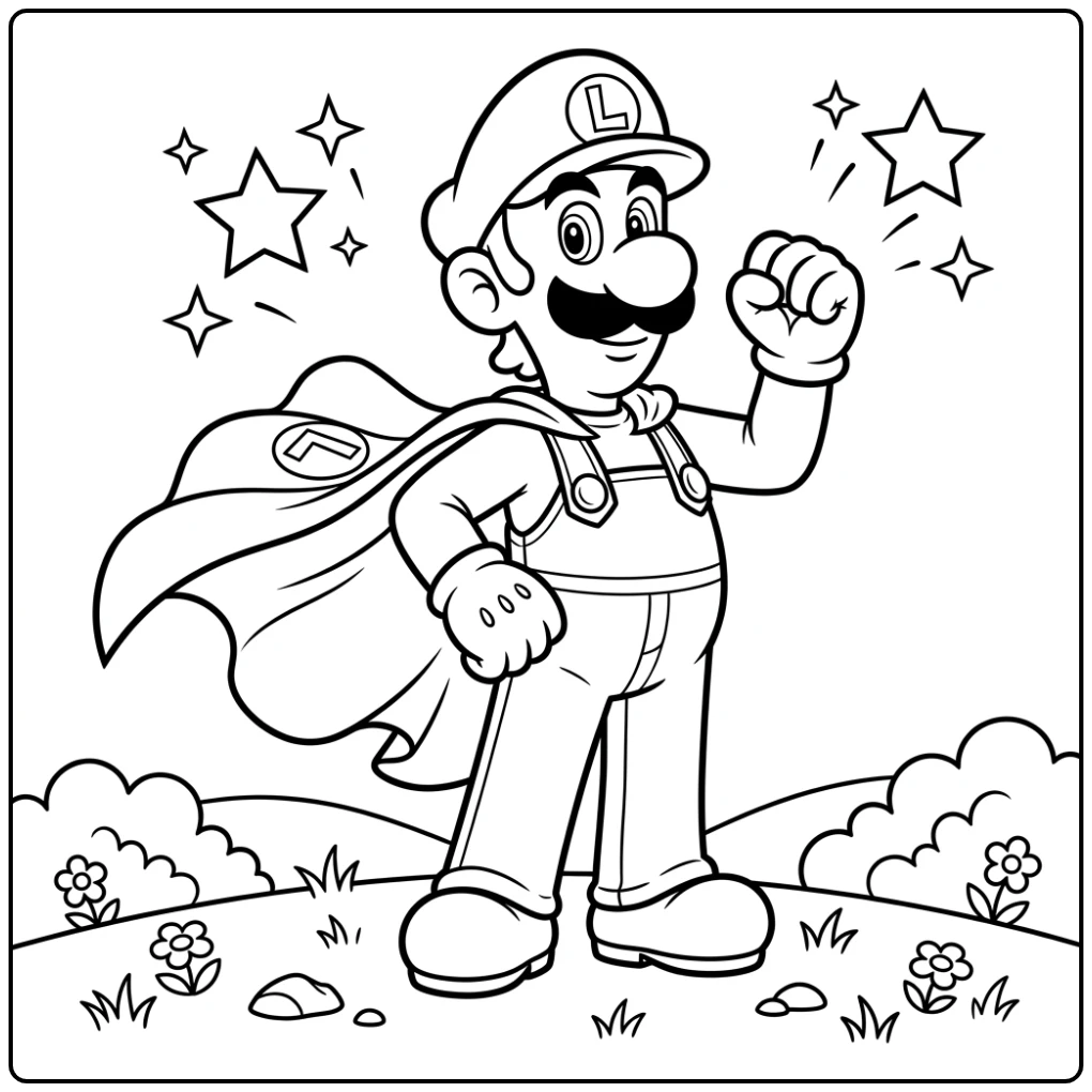 Luigi kleurplaat: heldhaftige Luigi met wapperende cape en sterren