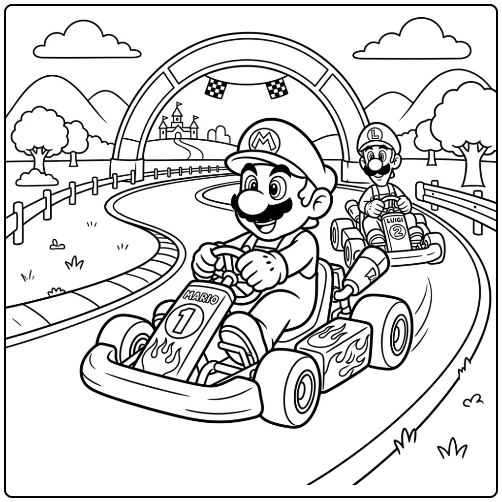 Spannende mario kleurplaat: Mario racet met Luigi in zijn kart.