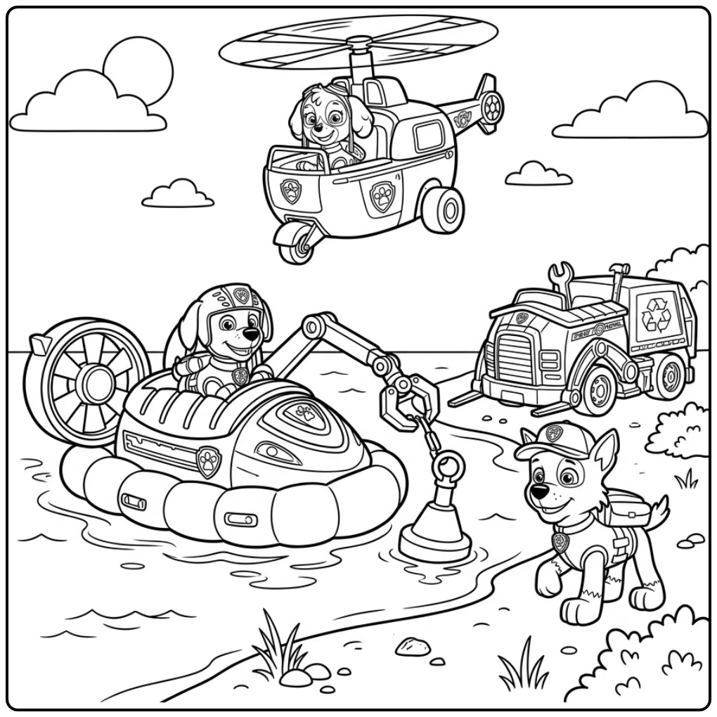 Zuma's hovercraft rescue: spannende paw patrol auto kleurplaat.