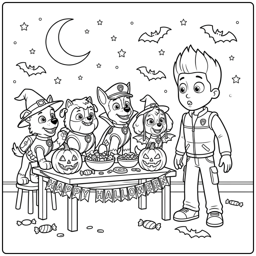 Vrolijke paw patrol halloween kleurplaat: team verrast Ryder
