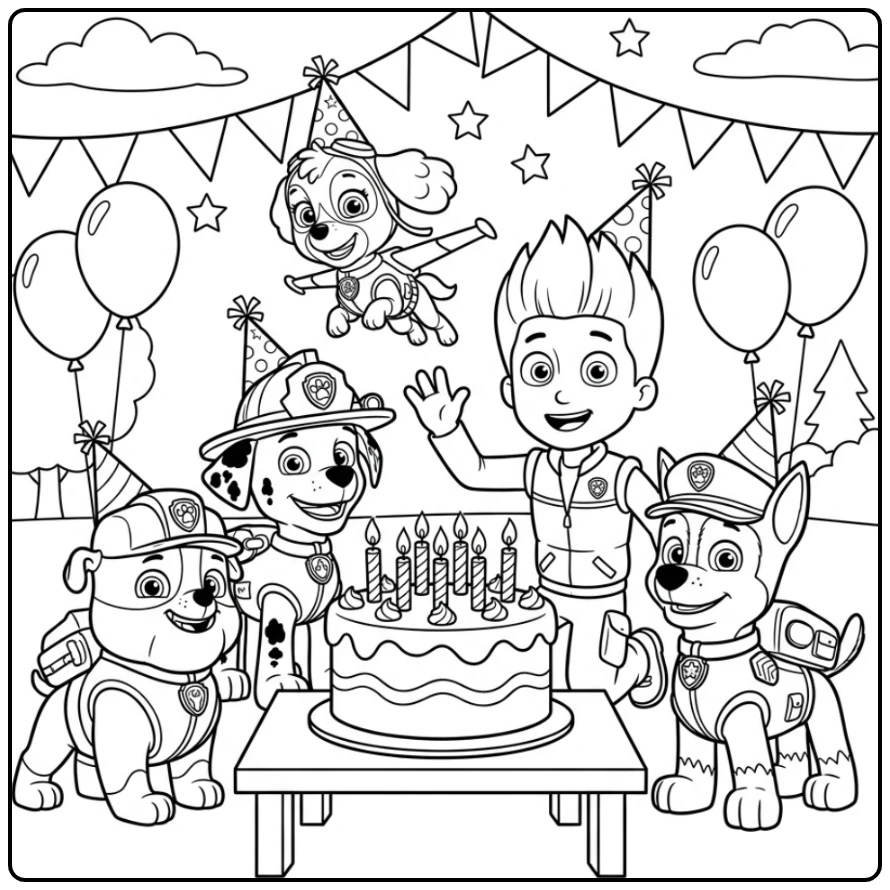 Vrolijke paw patrol kleurplaat verjaardag met team en een taart