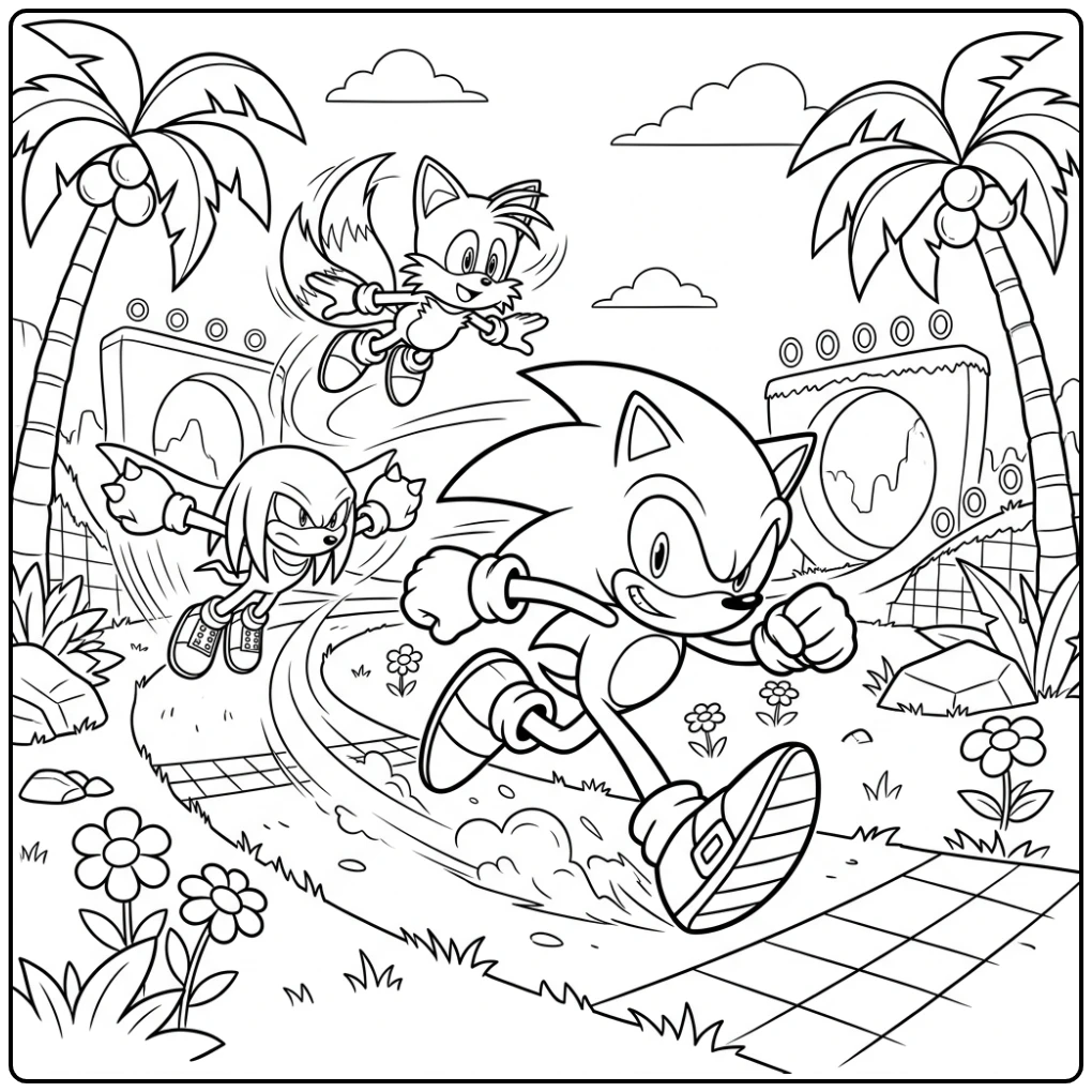 Sonic kleurplaat: Sonic, Tails & Knuckles racen door Green Hill.