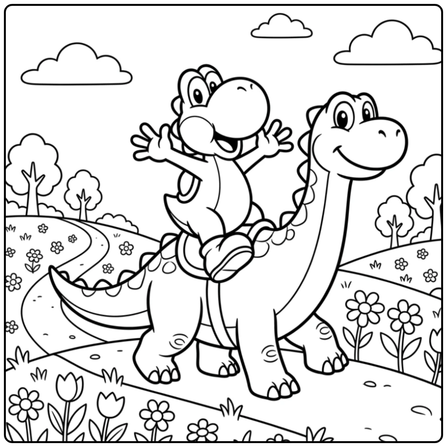 Yoshi kleurplaat: Yoshi rijdt vrolijk op een dinosaurus over een groene heuvel.