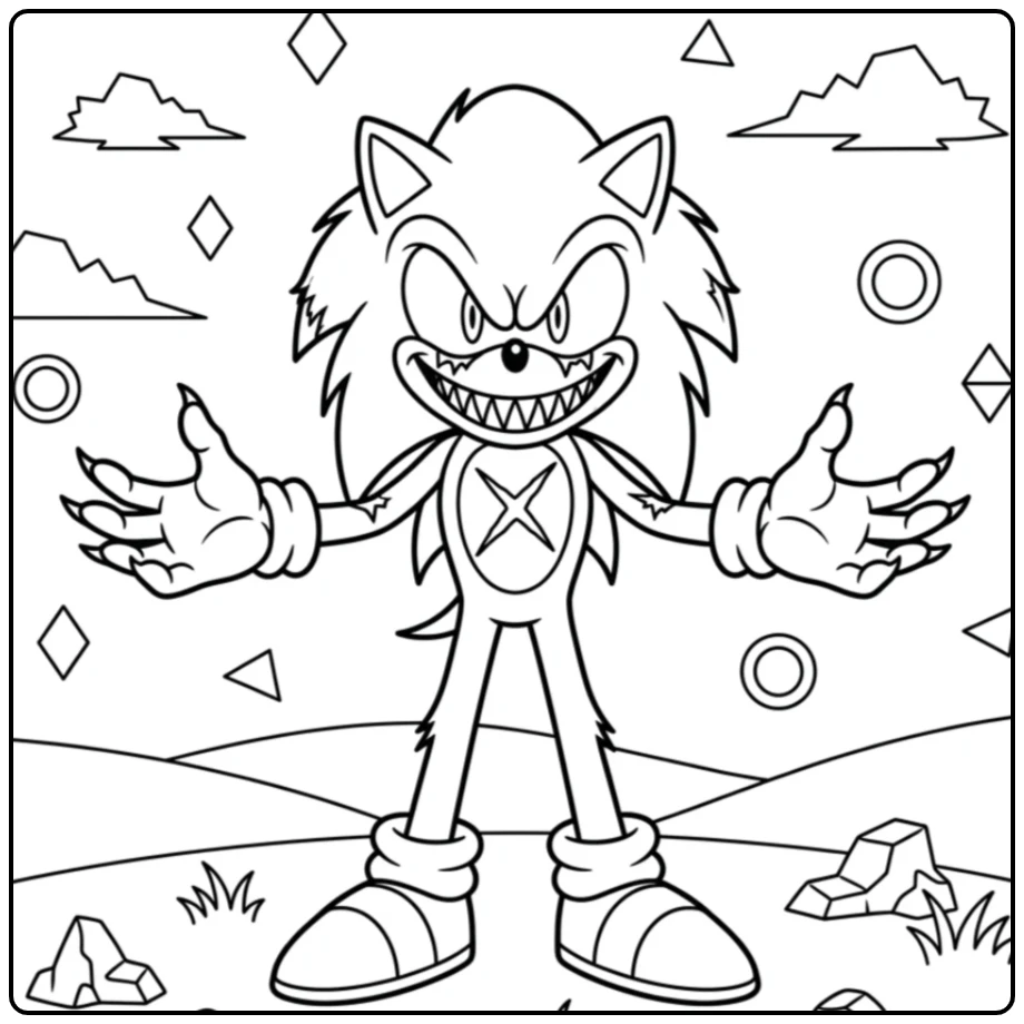 Sonic Exe kleurplaat: sinistere figuur met open armen.