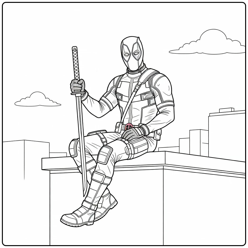 Gaaf deadpool kleurplaat zittend op een dakrand met zwaard.