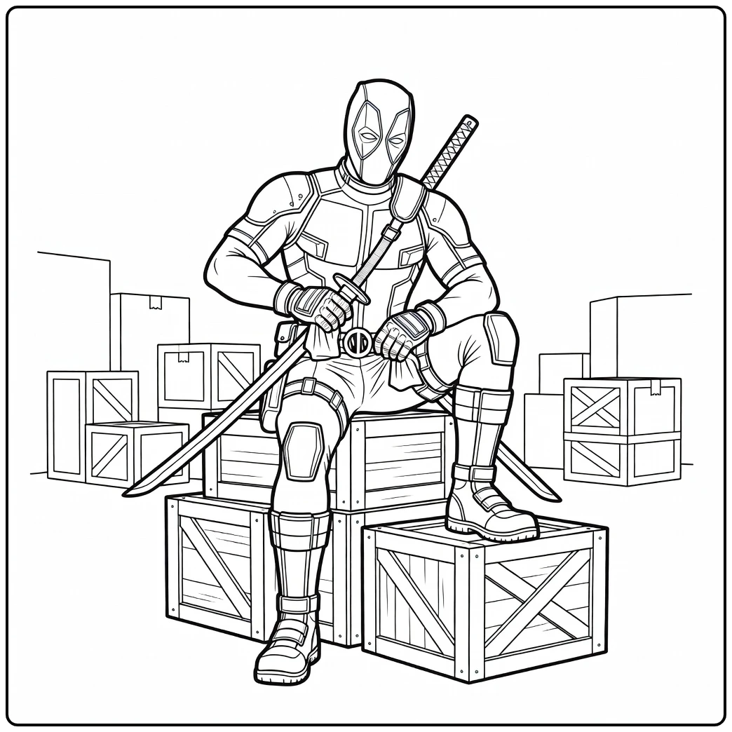 Ontspannende deadpool kleurplaat waar hij zijn zwaard poetst.