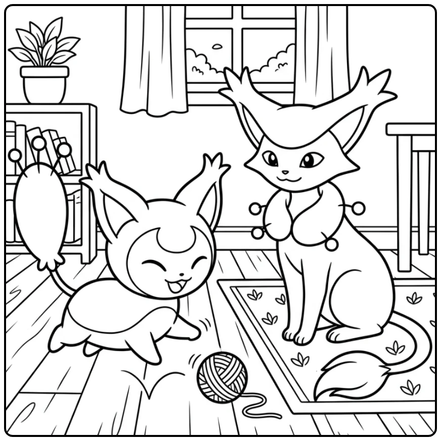 Schattige kleurplaat pokemon schattig: Skitty jaagt garenbal achterna