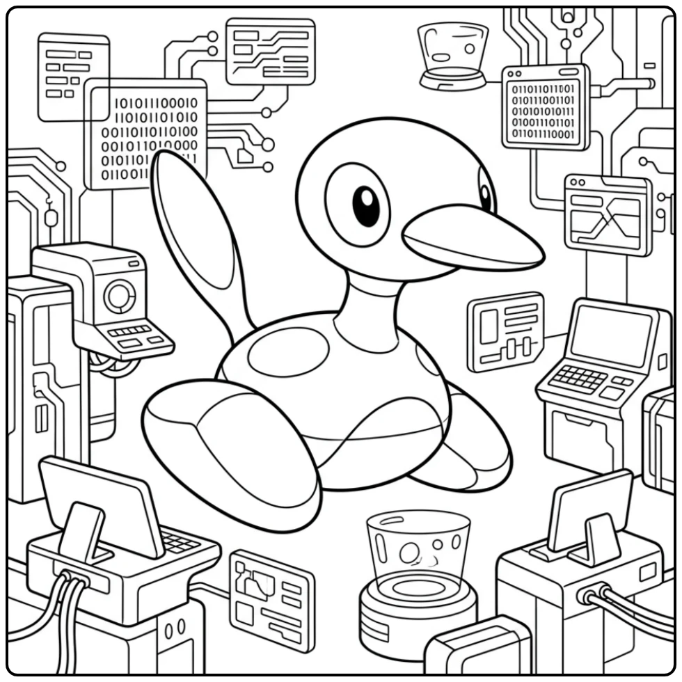 Leuke Pokemon Porygon2 kleurplaat in een digitaal lab.