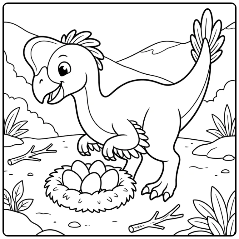 Oviraptor op nest met eieren dino kleurplaat.