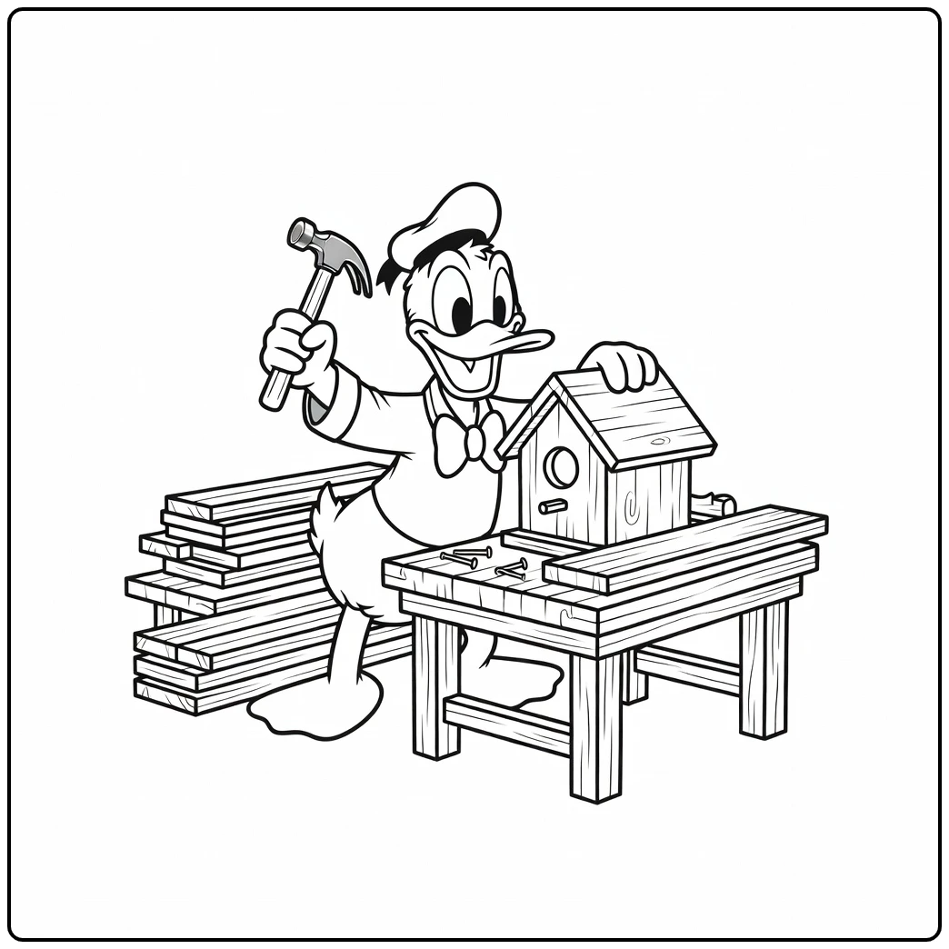 Donald Duck in werkplaats vogelhuisje bouw, kleurplaat donald duck moeilijk