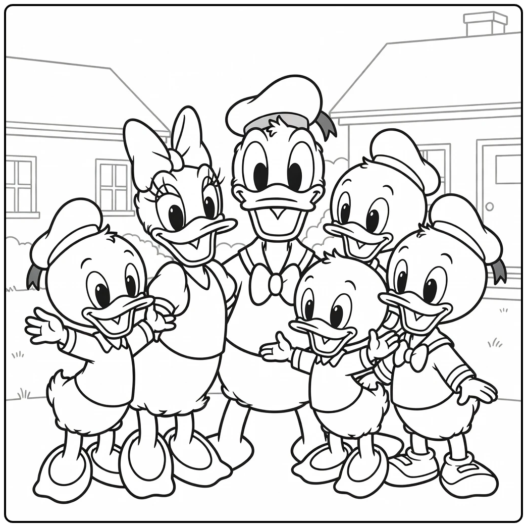 Vrolijke kleurplaat donald duck familie, lachend met Daisy en neefjes