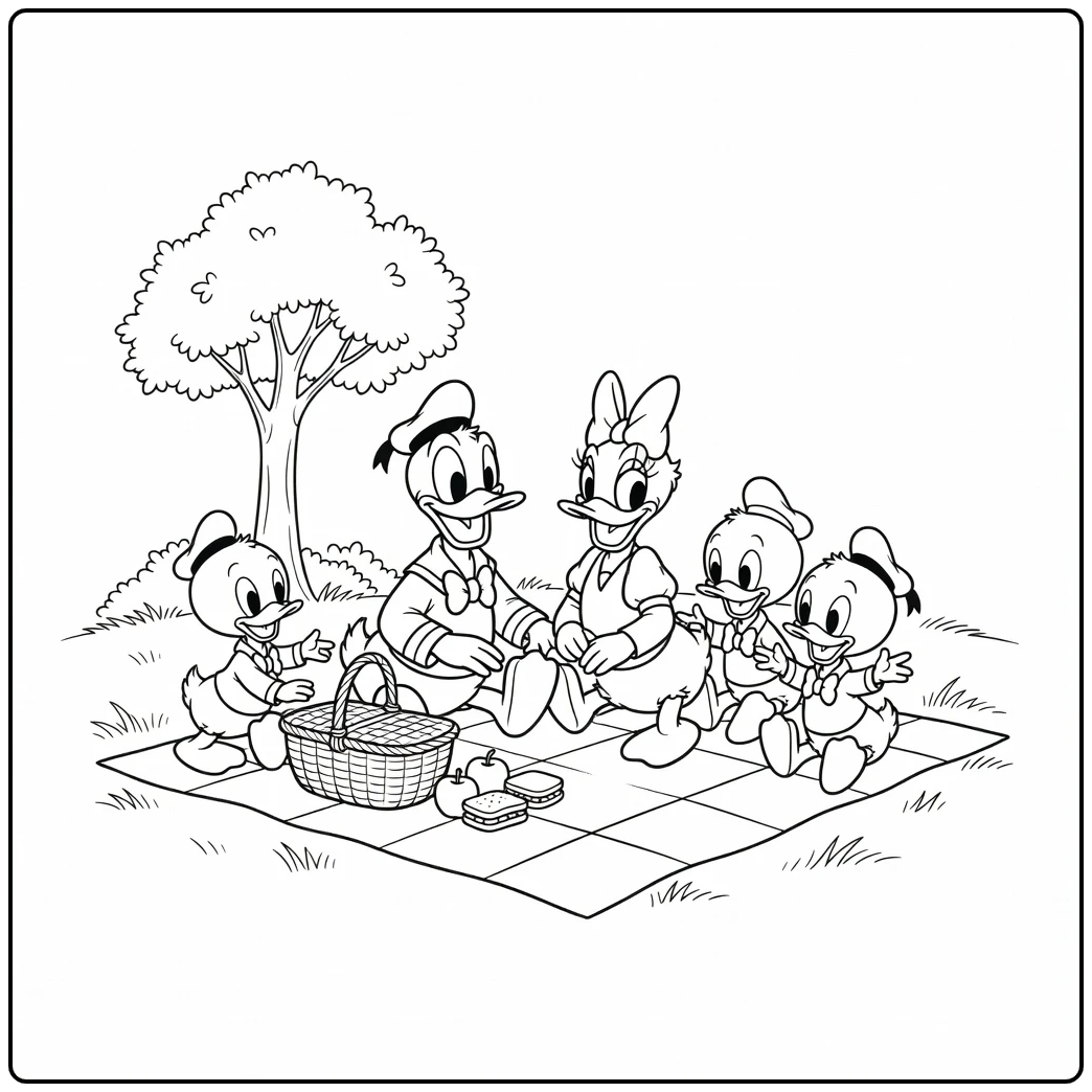 Gezellige picknick met de kleurplaat donald duck familie en eendjes