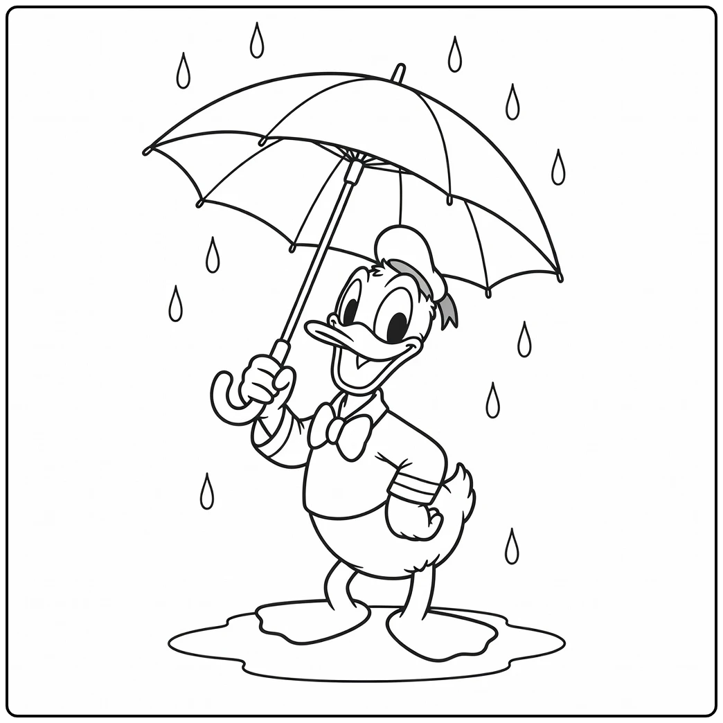 Vrolijke Donald Duck met paraplu in regen; donald duck kleurplaat makkelijk.