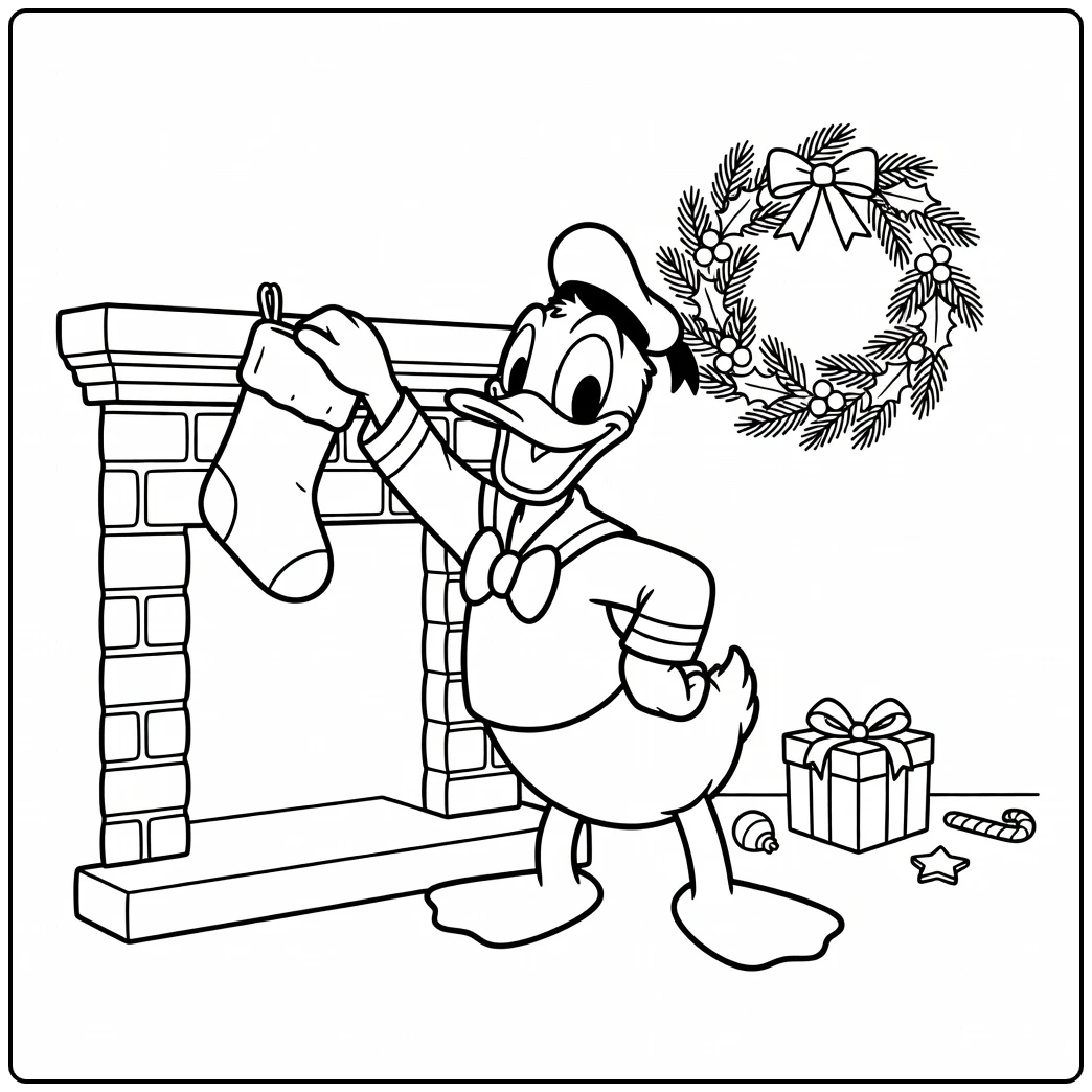 Vrolijke kleurplaat donald duck kerst: Donald hangt een sok bij de haard.
