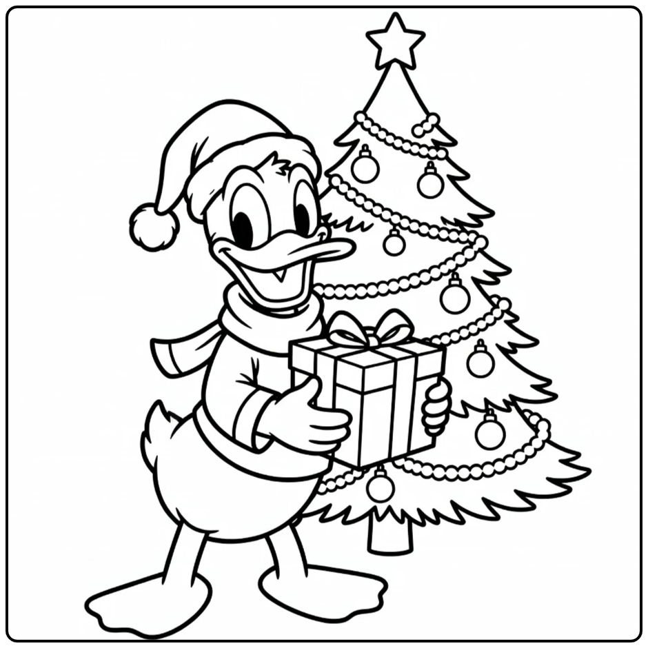 Vrolijke kleurplaat donald duck kerst met Donald en cadeau.