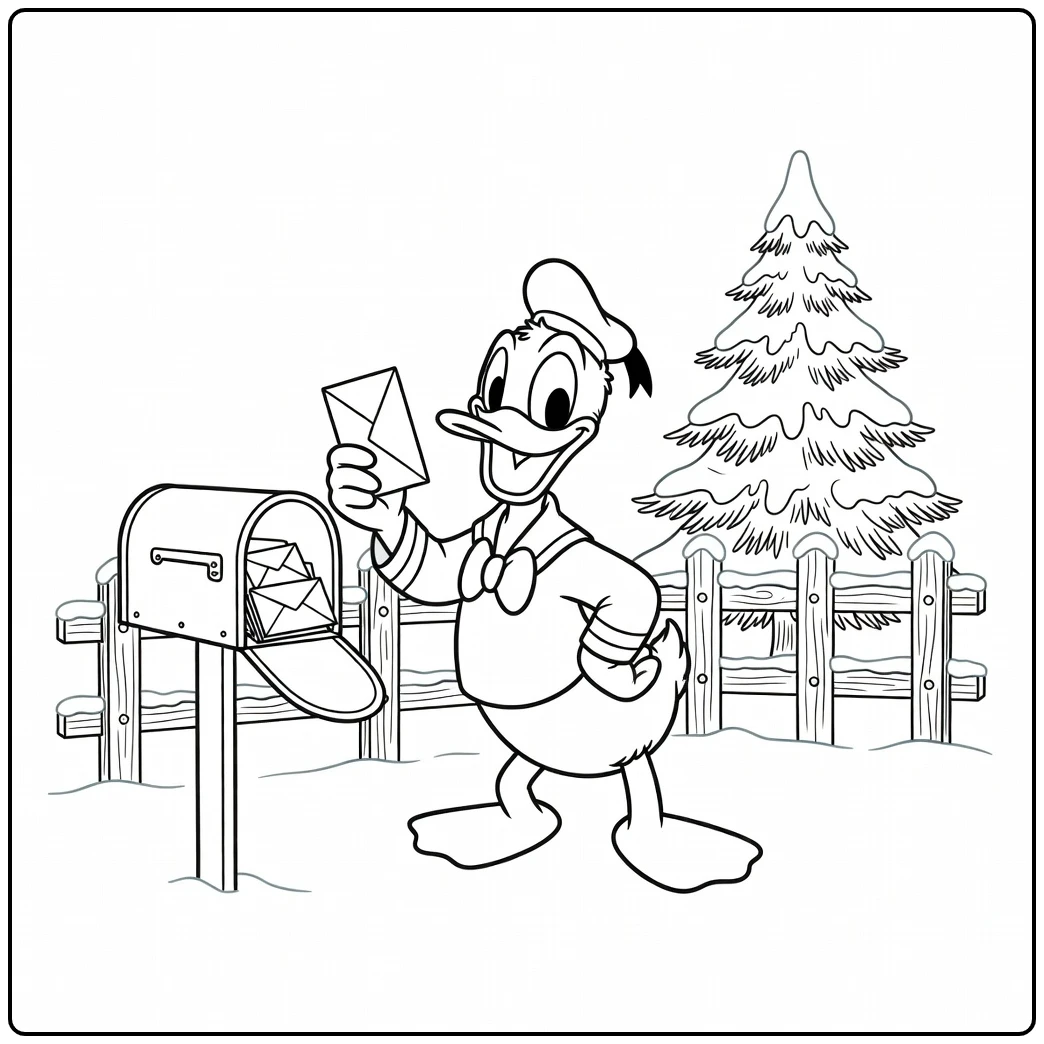 Vrolijke kleurplaat donald duck kerst bij besneeuwde brievenbus.