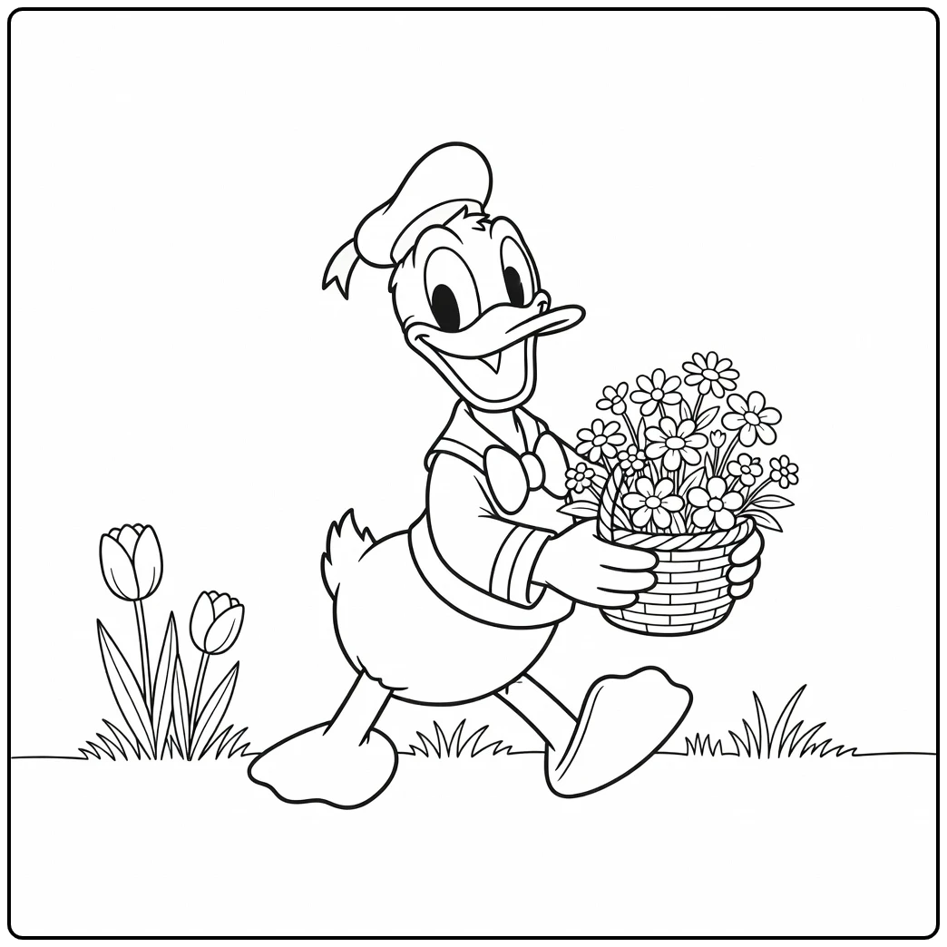 Vrolijke donald duck kleurplaat makkelijk met mandje bloemen