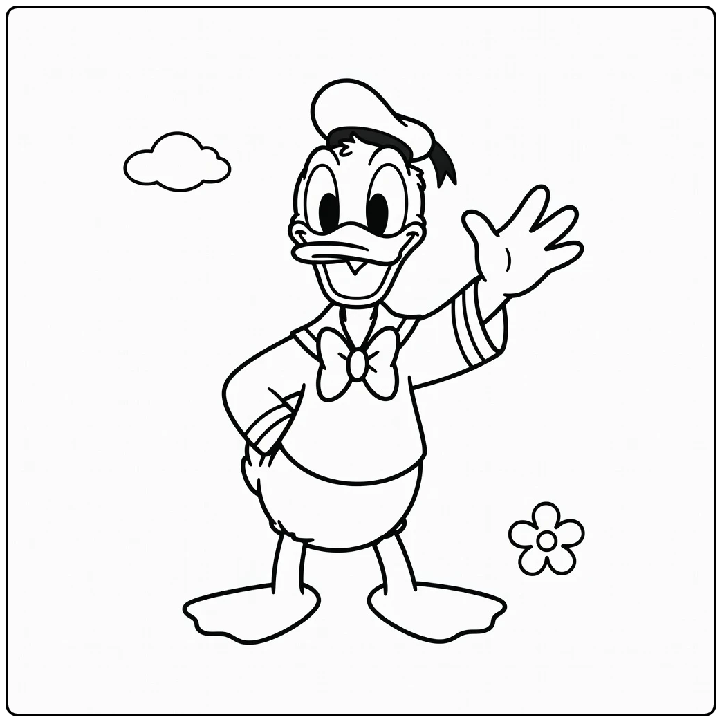 Donald Duck kleurplaat makkelijk: Eenvoudige tekening met zwaaiende Donald.