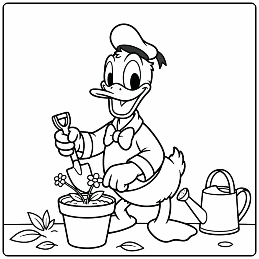 Vrolijke donald duck kleurplaat makkelijk: Donald plant bloem.