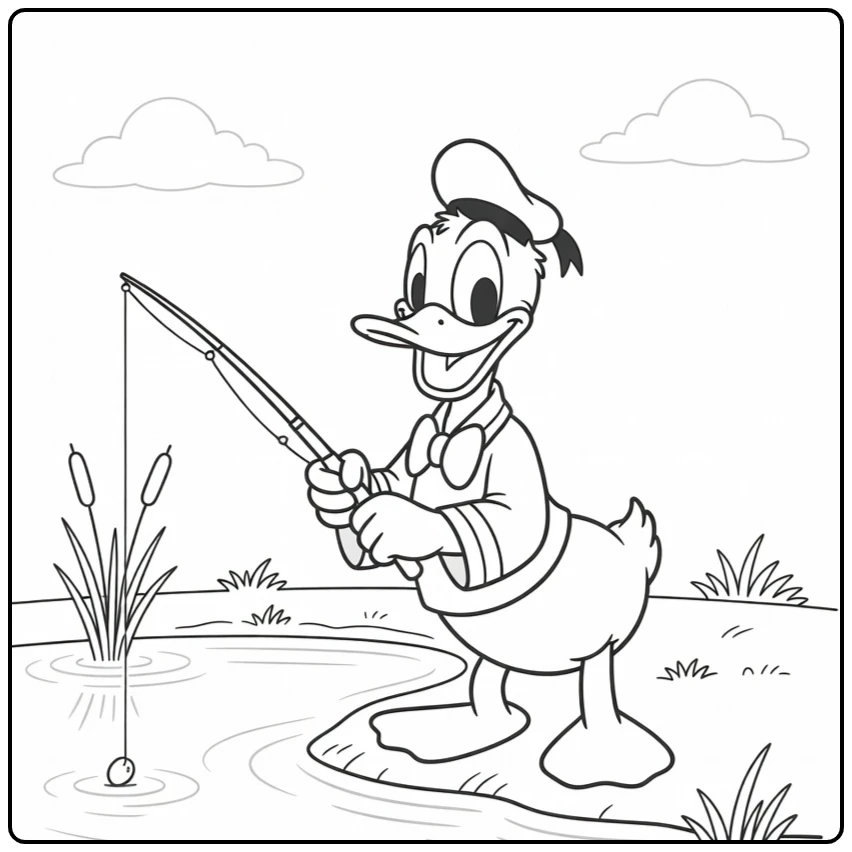 Lachende Donald Duck met vishengel, donald duck kleurplaat makkelijk