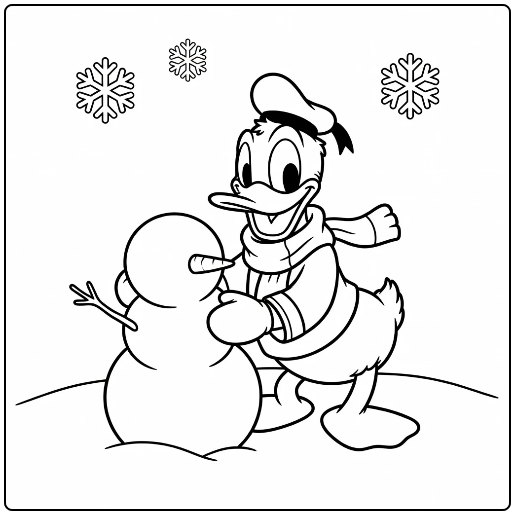 Donald Duck kleurplaat makkelijk: Eend bouwt sneeuwpop met sjaal.