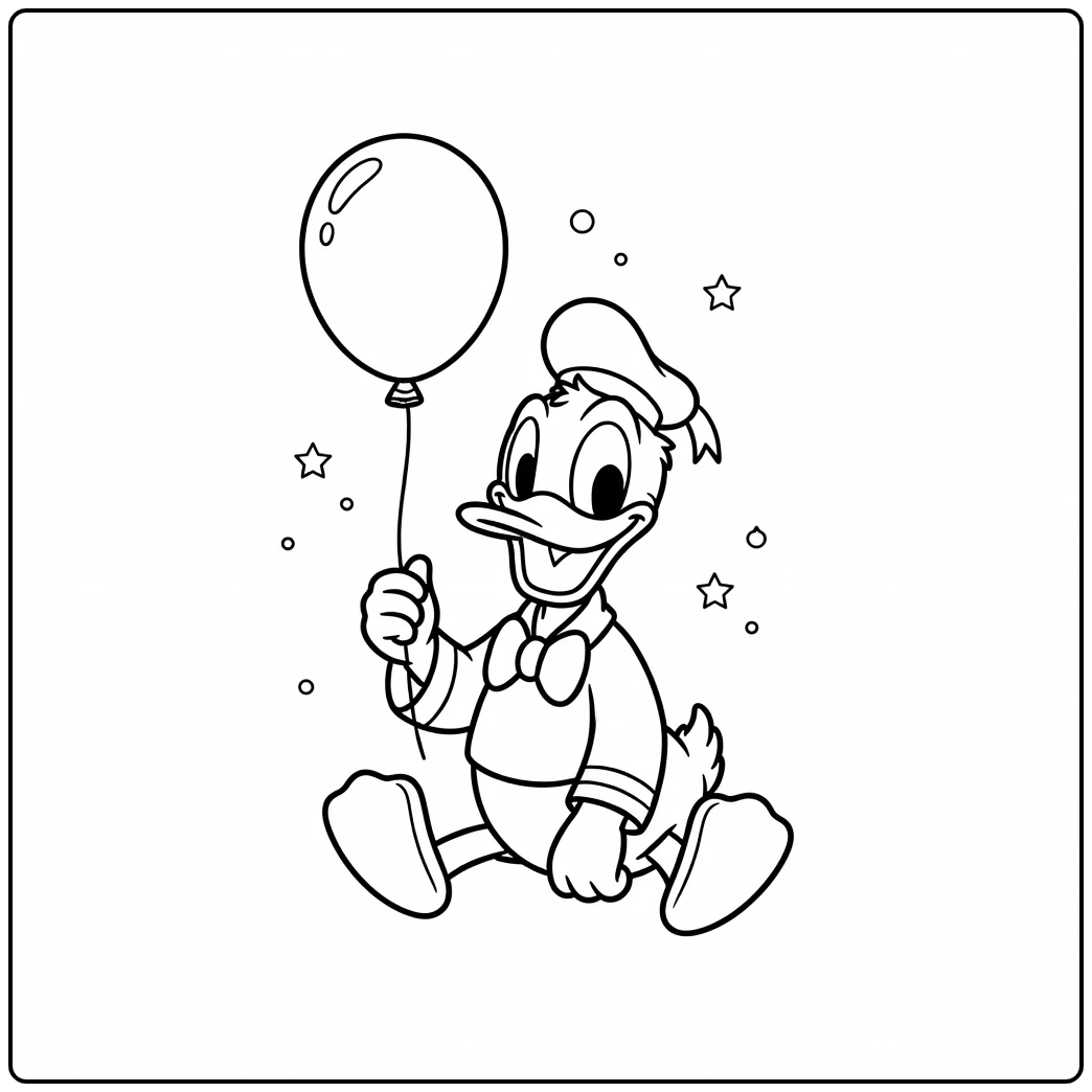 Lachende Donald Duck kleurplaat makkelijk met ballon en sierlijke vormen