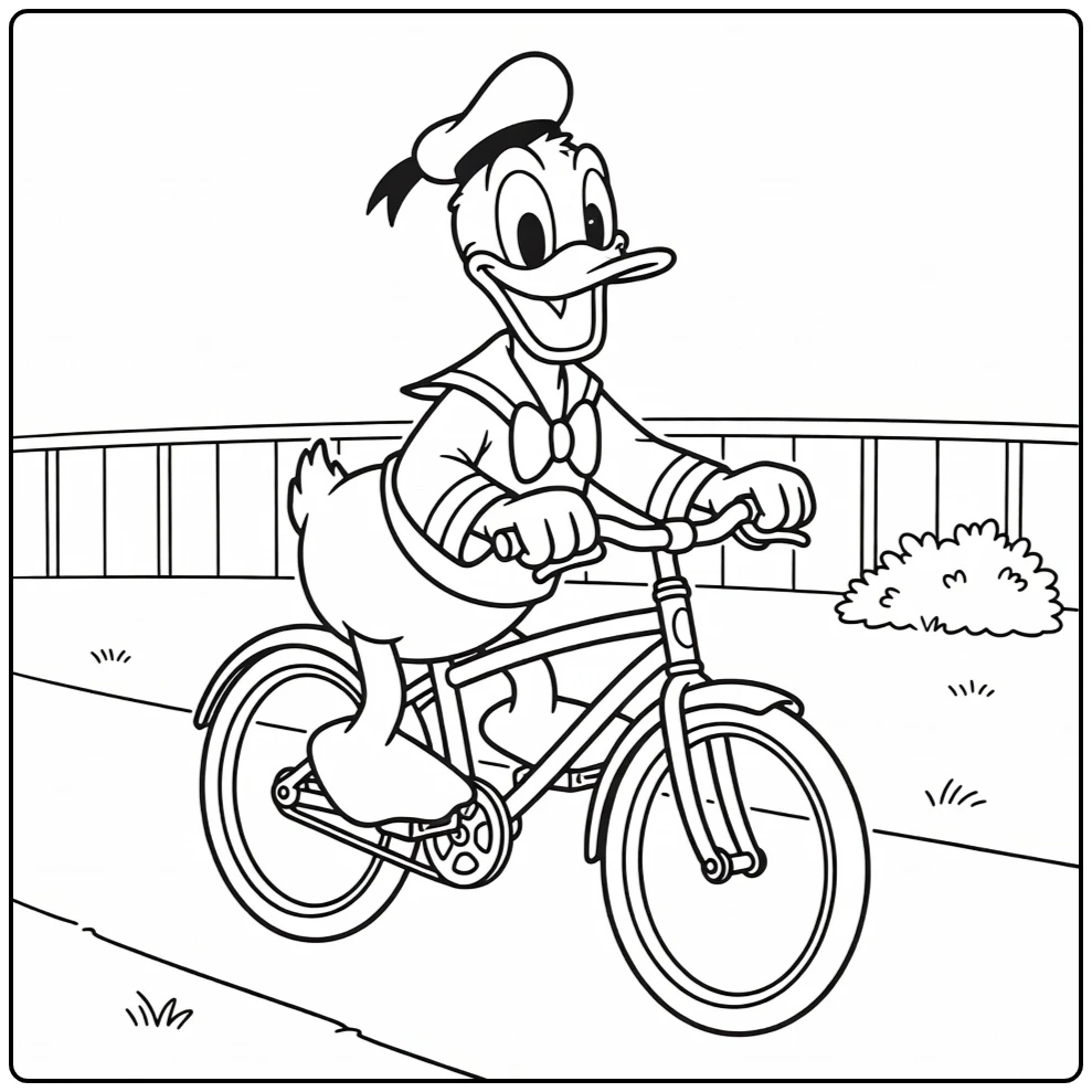 Vrolijke kleurplaat donald duck op de fiets langs een hekje.