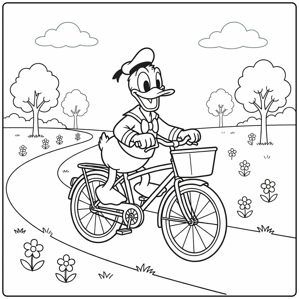 Donald Duck fietst vrolijk door het park, kleurplaat donald duck moeilijk