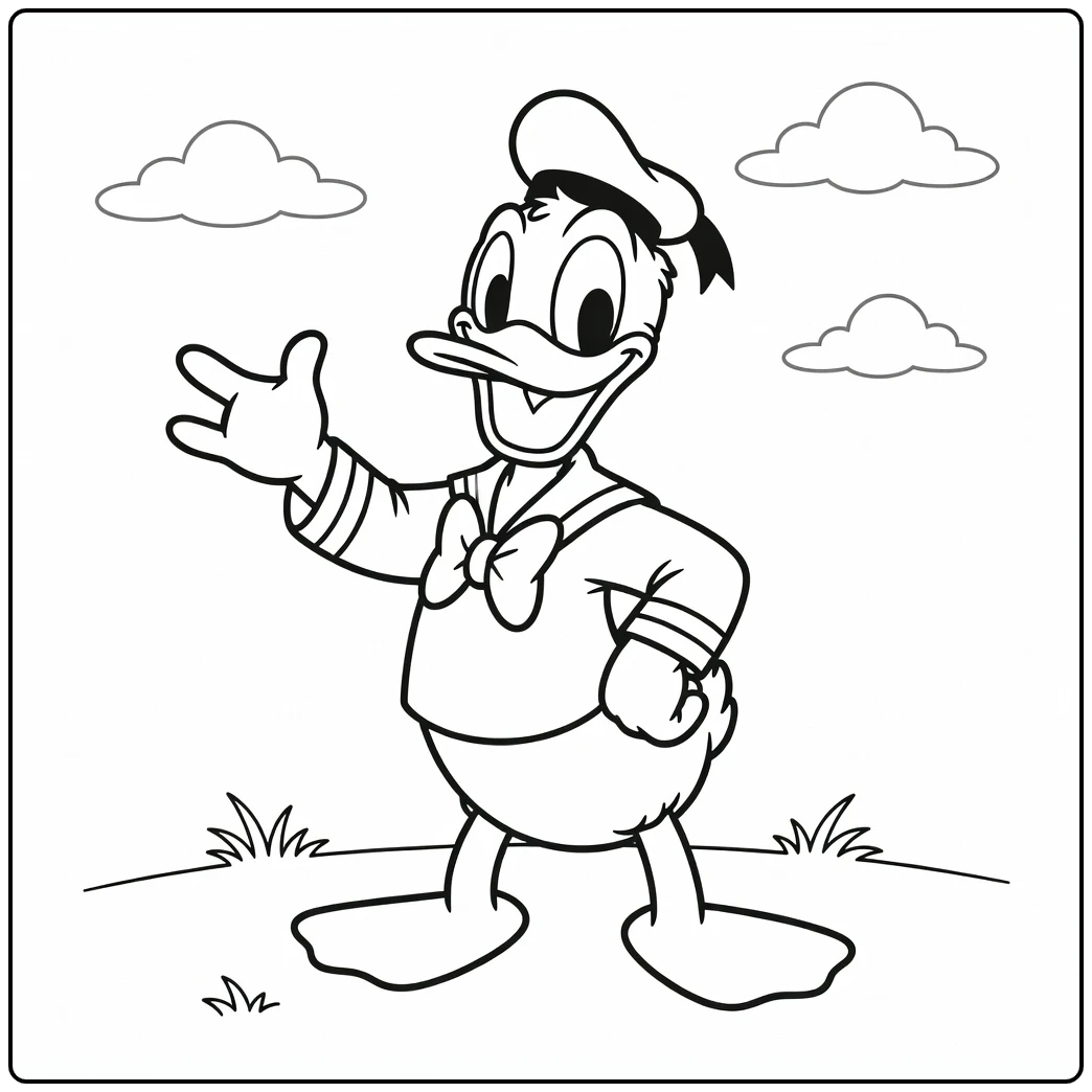 Vrolijke Donald Duck in zeilpak zwaait op een kleurplaat donald duck.