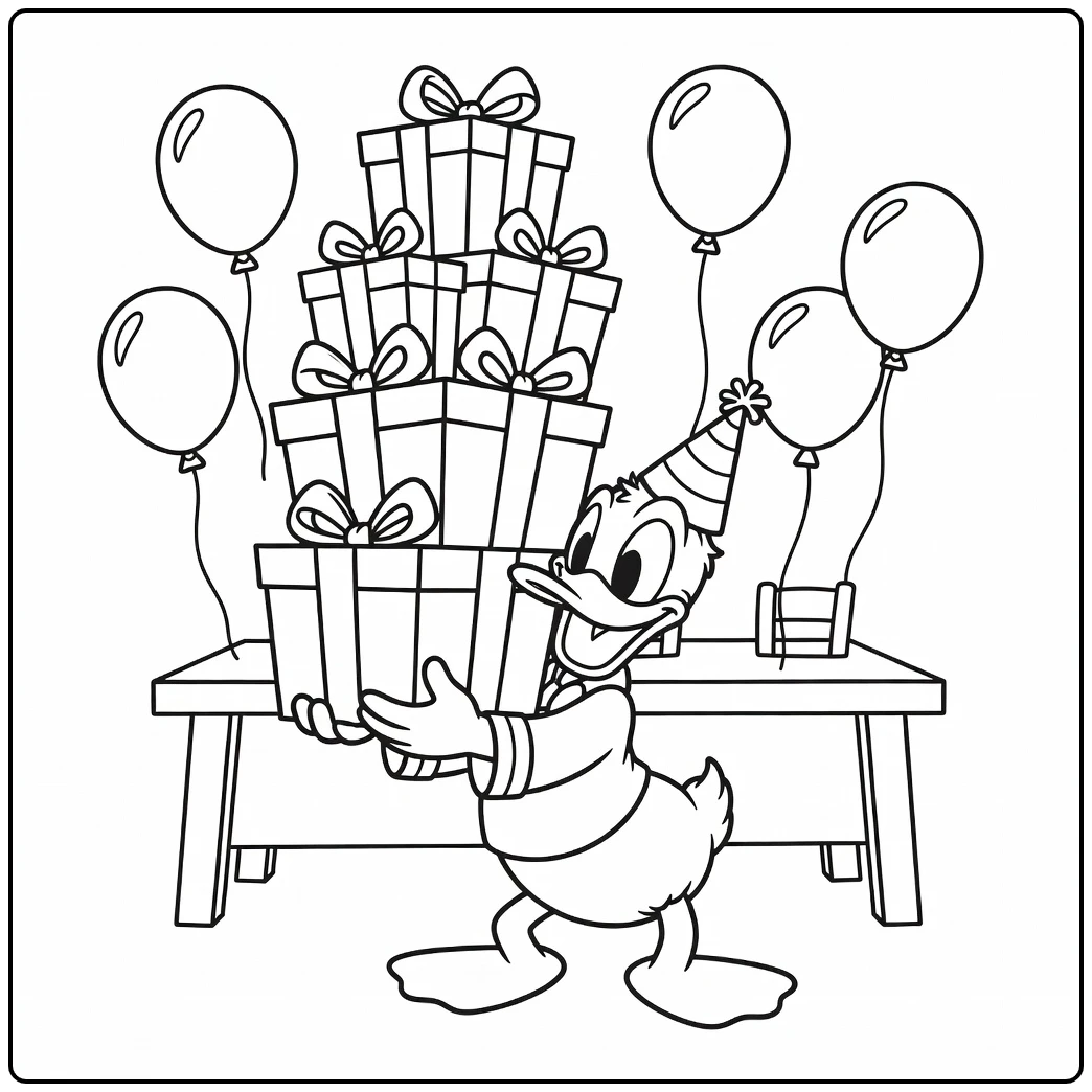 Feestelijke kleurplaat donald duck verjaardag met cadeaus en ballonnen