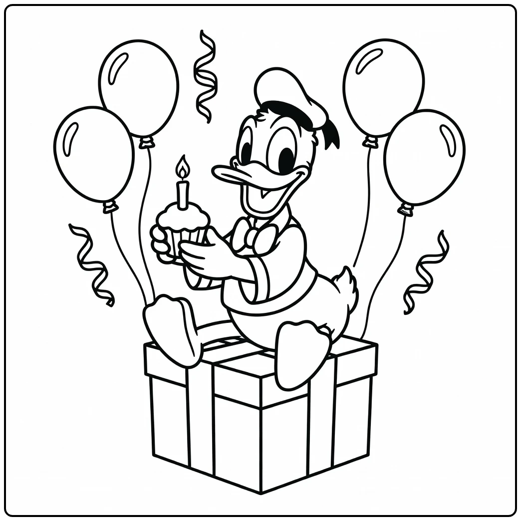 Vrolijke kleurplaat donald duck verjaardag met cadeau en cupcake.