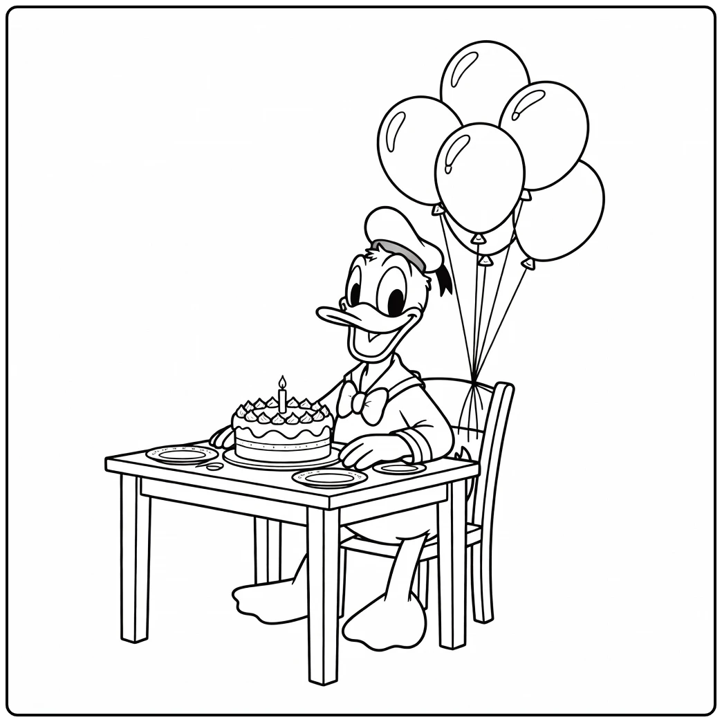 Feestelijke kleurplaat donald duck verjaardag met taart en ballonnen