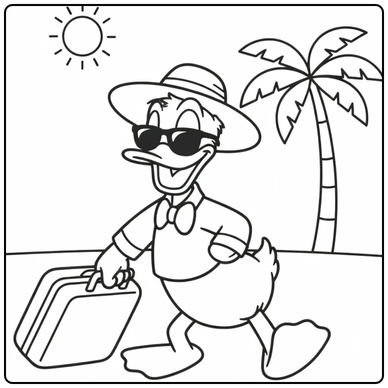 Donald Duck trekt koffer, zonnebril, hoed: kleurplaat donald duck vakantie