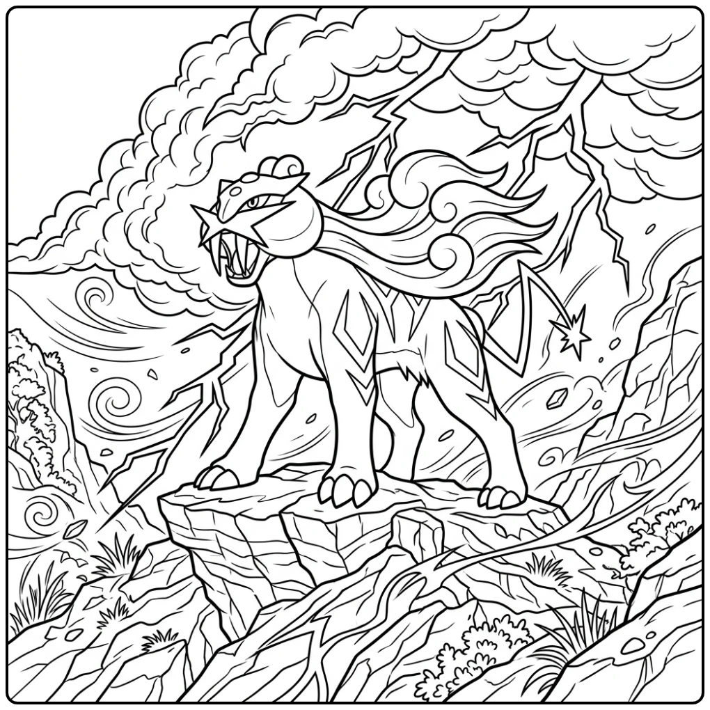 Majestueuze Pokemon Raikou kleurplaat met bliksemschichten.