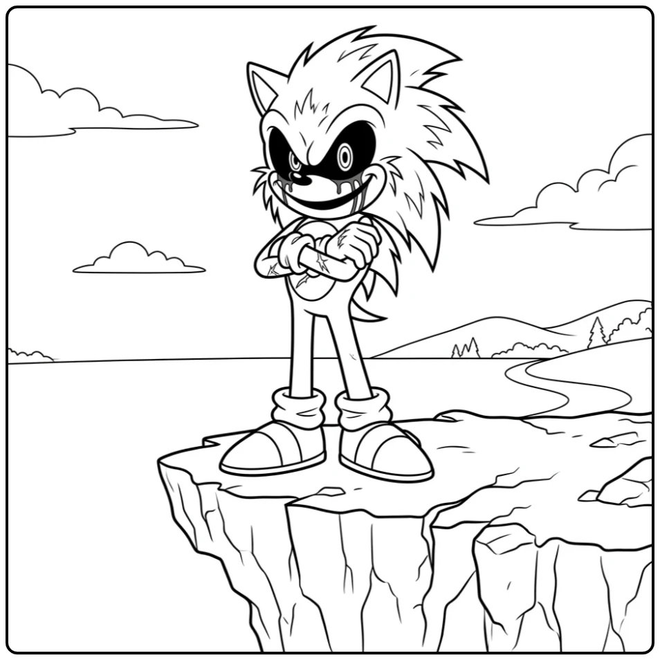 Bedreigende sonic exe kleurplaat: Sonic op klif, armen gekruist.